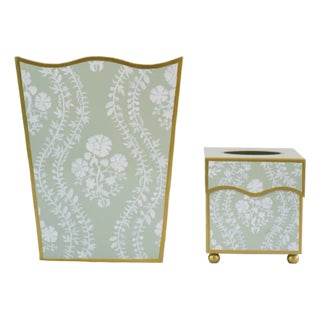 Sage Green Floral Trellis Tole Waste Basket & Tissue Box Set For Sale