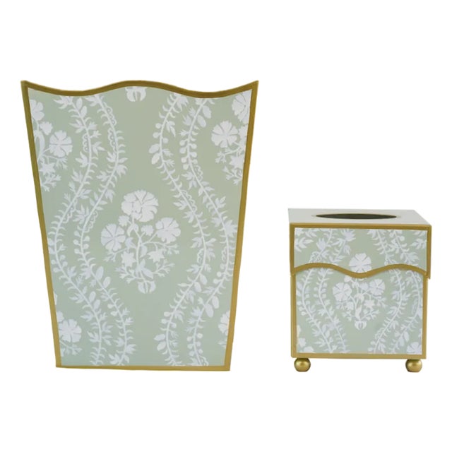Sage Green Floral Trellis Tole Waste Basket & Tissue Box Set For Sale