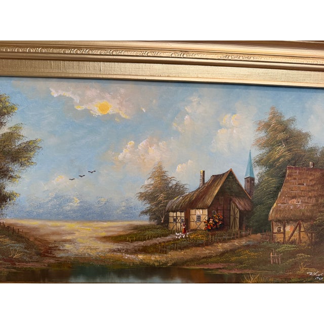 Vintage European Coastal Village Oil Painting Signed Dated 1961 Framed Landscape For Sale - Image 11 of 13