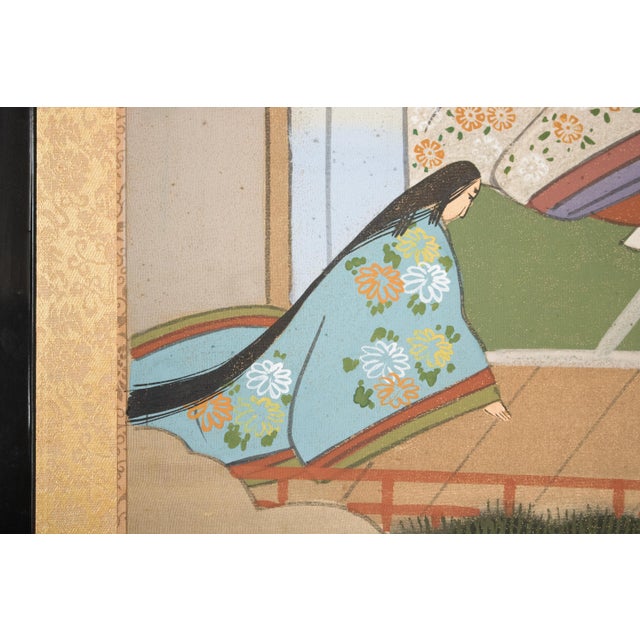C. 1960s "The Tale of Genji", Showa Era Japanese Painted Silk Byobu Screen For Sale - Image 15 of 18