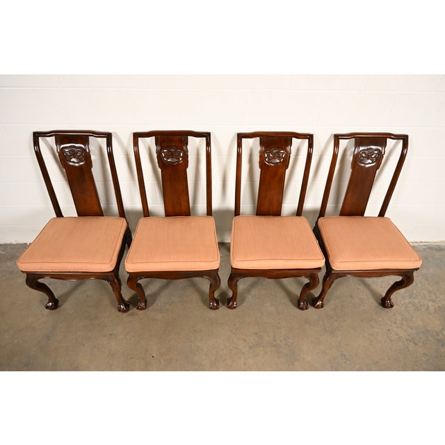 1980s Drexel Heritage Hollywood Regency Chinoiserie Sculpted Mahogany Dining Chairs, Set of Four For Sale - Image 5 of 14