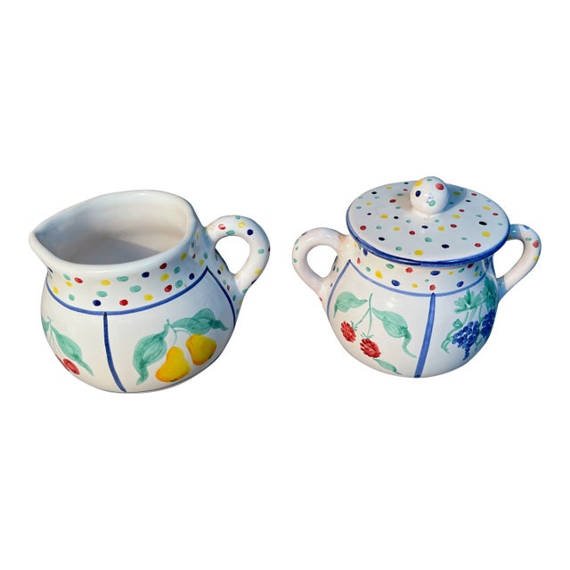 Sugar Bowl & Creamer Fruit Bouquet Mesa International Italy Fruits and Polka Dots For Sale