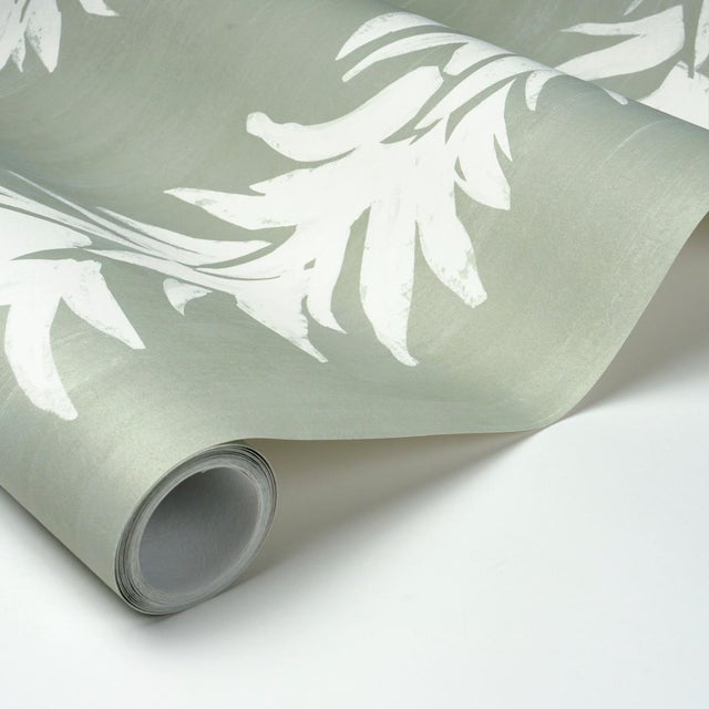 Schumacher Sample - Schumacher White Lotus Wallcovering In Cool Green For Sale - Image 4 of 6