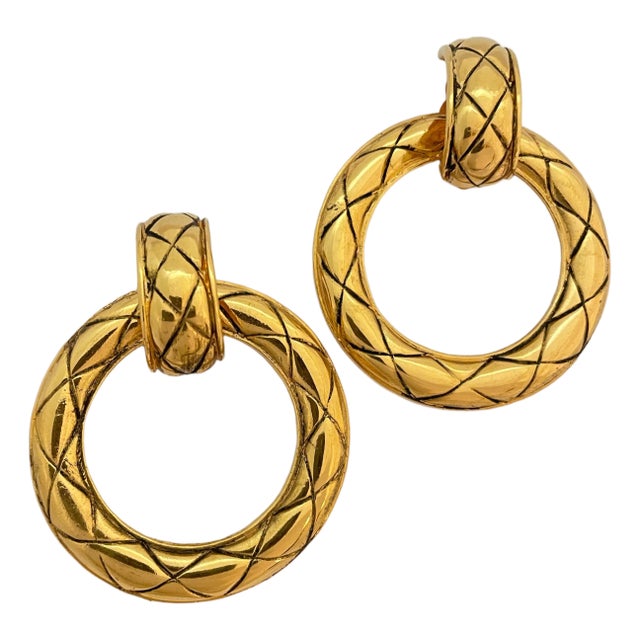 1980s VTG Chanel Made in France 24k Gold Plated Quilted Door Knocker Clip on Earrings, A Pair For Sale