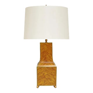 Matthew Izzo Home Renata Handpainted Tortoise Shell Pattern Tole Table Lamp With Cream Silk Shade and Gold Trim For Sale