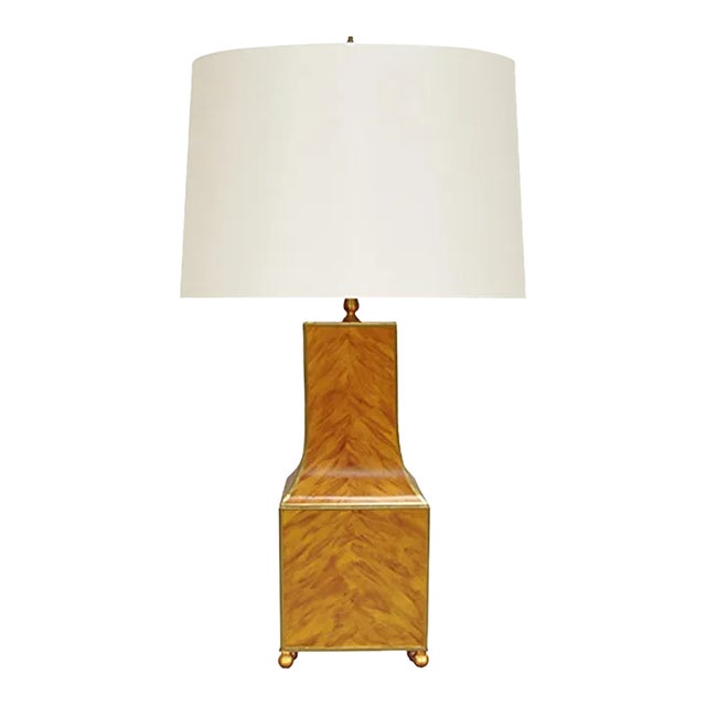 Matthew Izzo Home Renata Handpainted Tortoise Shell Pattern Tole Table Lamp With Cream Silk Shade and Gold Trim For Sale