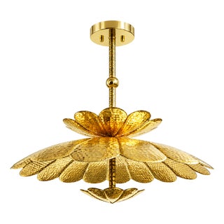 Handmade Brass Flower Ceiling Light, Floral Semi Flush Mount, Hammered Brass Chandelier, Vintage Lotus Ceiling Fixture, Art Deco Lighting For Sale