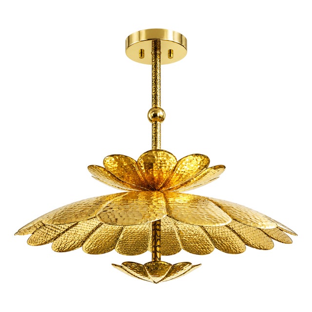 Handmade Brass Flower Ceiling Light, Floral Semi Flush Mount, Hammered Brass Chandelier, Vintage Lotus Ceiling Fixture, Art Deco Lighting For Sale