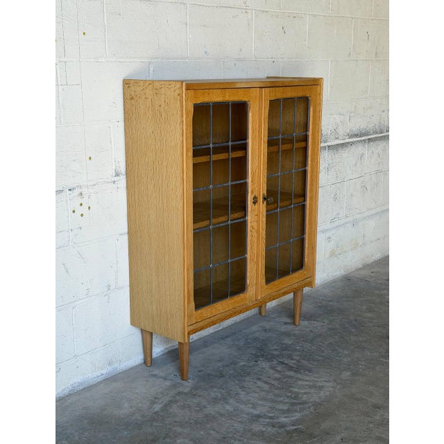 Oak Leaded Glass 2-Door Bookcase Vintage Mid-Century Modern 1970s For Sale - Image 4 of 11