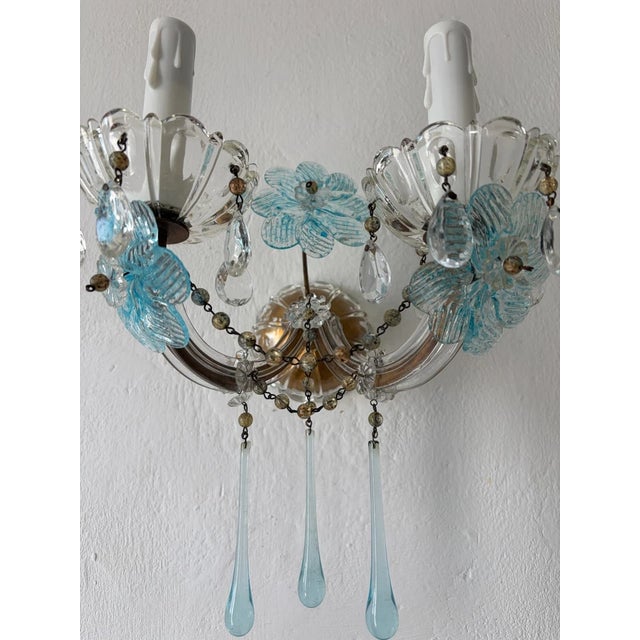 C 1930 Aqua Blue Murano Flowers & Drops Crystal Prisms Sconces One of a Kind For Sale - Image 9 of 11