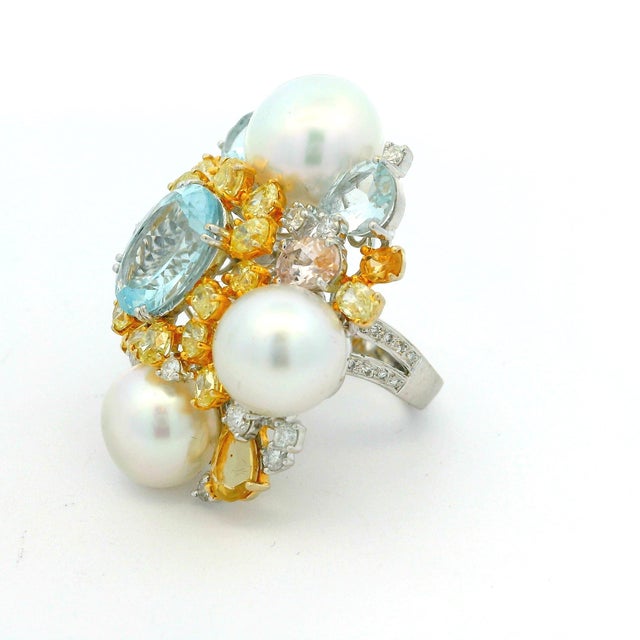 1980s 18k White Gold Aquamarine Multi-Gem Pearl Diamond Cluster Cocktail Ring, Size 6.75 For Sale - Image 10 of 10