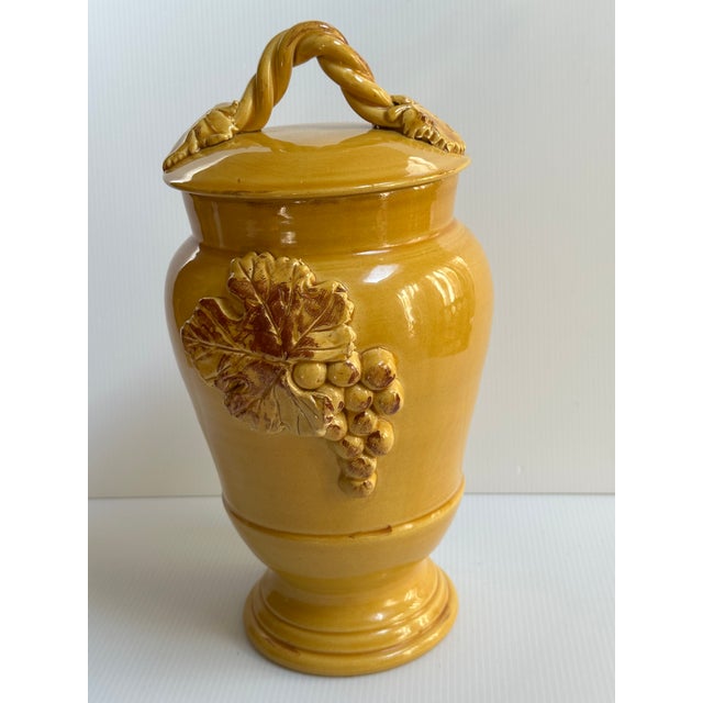 1980s Arte Italica "Sole Mustard" Collection Ceramic 15" Tall Yellow Jar With Lid Greaps and Leaves Design Made in Italy For Sale - Image 9 of 18