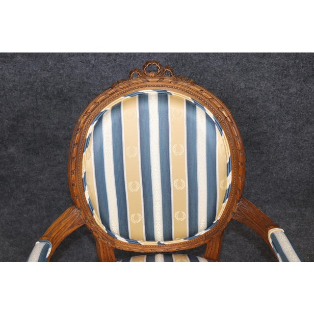 Pair 1920's French Louis XVI Carved Armchairs With Silk Upholstery For Sale - Image 11 of 15