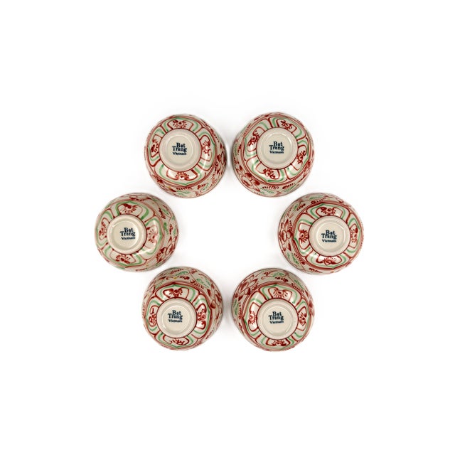 Set of 6 Bat Trang Vietnamese Ceramic Multipurpose Bowls Hand Painted in Red and Celadon Lotus Floral Motif For Sale - Image 11 of 11