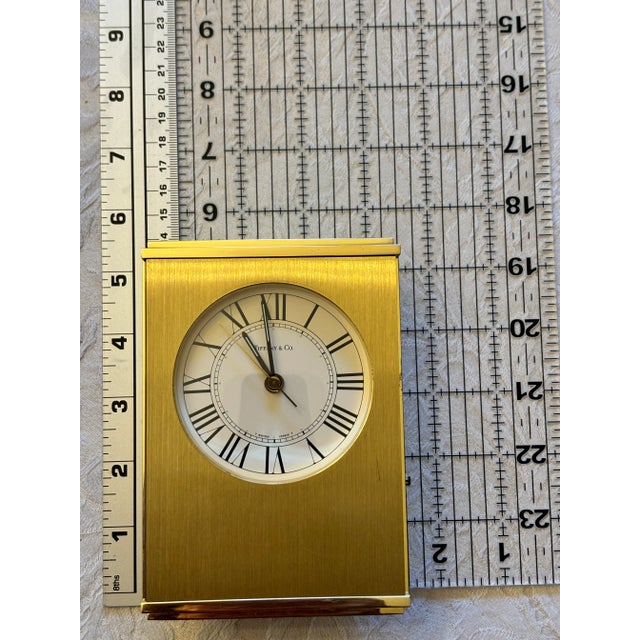 1970s Vintage Tiffany & Co. Swiss Brass Quartz Desk Alarm Clock, Roman Numeral Dial, 1970s For Sale - Image 5 of 12