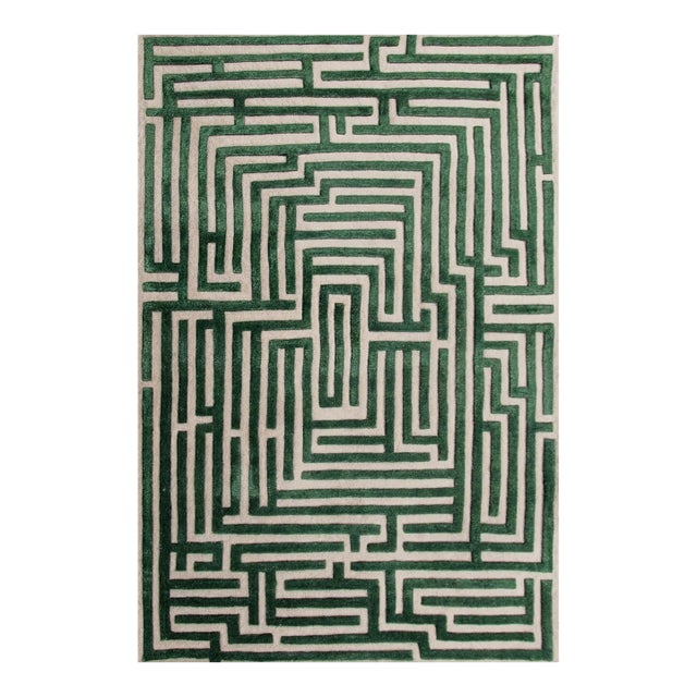 Anatolia Hand-Tufted Maze Rug, Boxwood Green, 4x6 For Sale