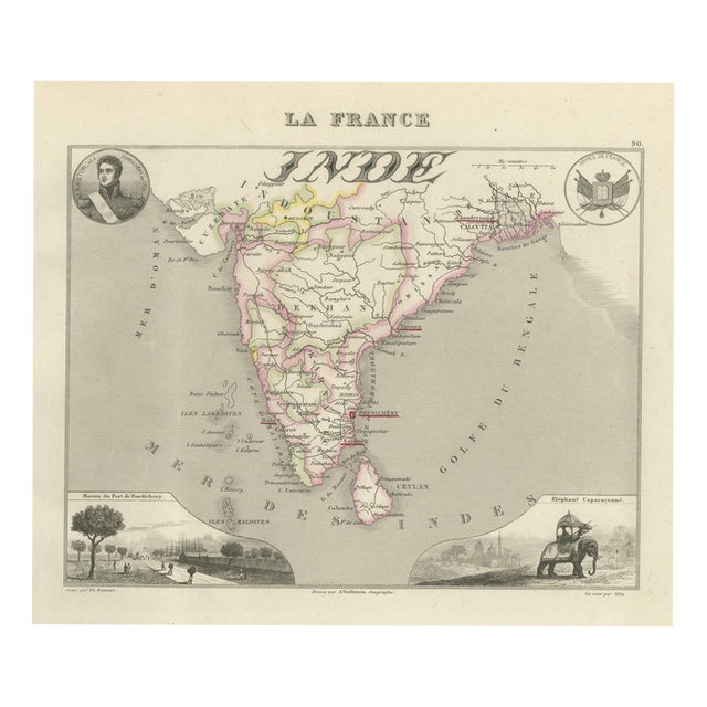 Antique Map of French India, Pondichery and Chandernagor, 1860 For Sale