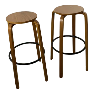 Mid-Century Modern Teak Bentwood Bar Stools - a Pair