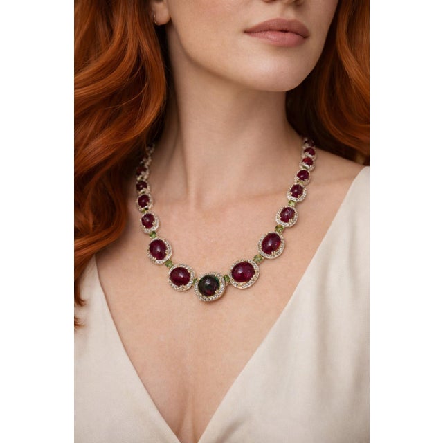 Late 20th Century Bochic “Capri” Vintage Natural Ruby, White Topaz & Peridot Necklace Set in 18K G For Sale - Image 5 of 14