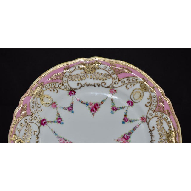 Antique Painted Porcelain Plate Nippon Encrusted Gold Pink Rose Garlands For Sale In Philadelphia - Image 6 of 15