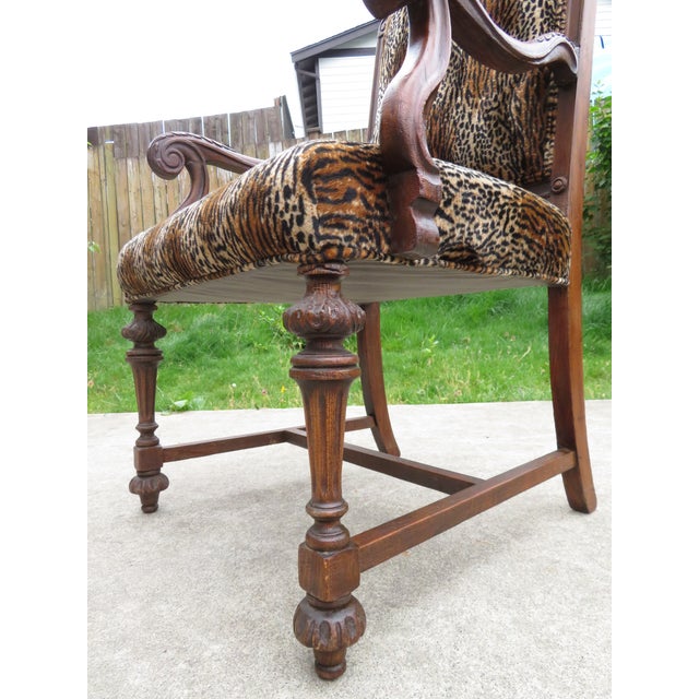 Antique Carved Wood Spanish Revival Arm Throne Chair W/ Leopard Tiger Jungle Cat Velvet Upholstery For Sale - Image 12 of 17