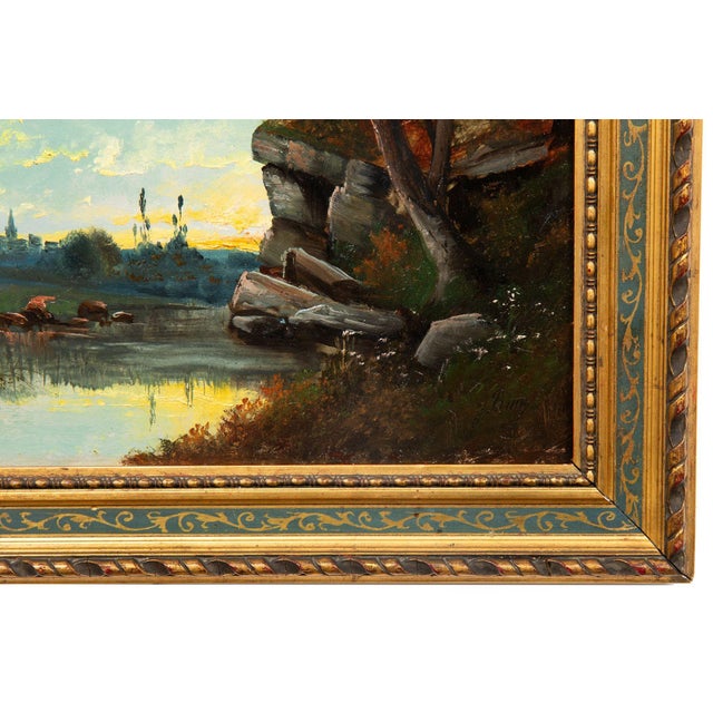 French Barbizon Antique Oil Painting of Evening Landscape by Jean Bain For Sale - Image 4 of 12