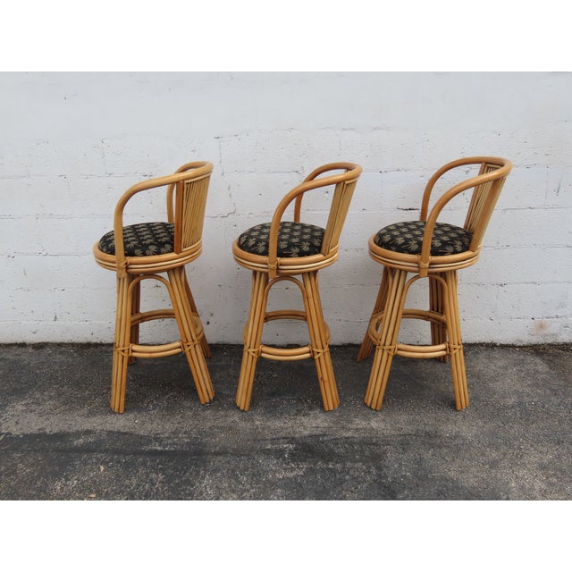 Hollywood Regency Swivel Bamboo Rattan Barstools a Set of Three 6380 For Sale - Image 12 of 17