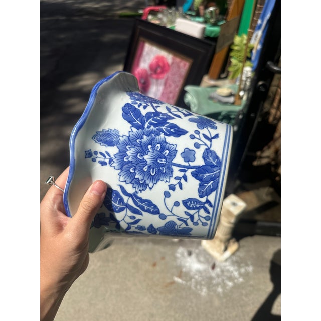 Mid-Century Modern 1970s Blue and White Floral Ceramic Planter For Sale - Image 3 of 7