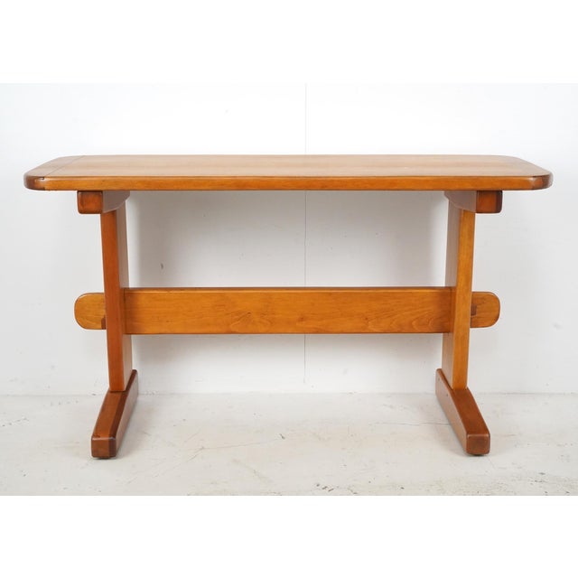 Vintage Rustic style desk made of solid wood with a refectory trestle base. The backside is flat to make it easy to place...