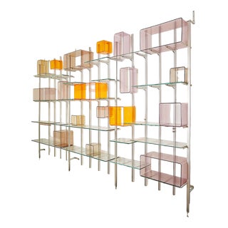Modular Wall Shelf in Brushed Metal, Glass and Acrylic, 1960s For Sale