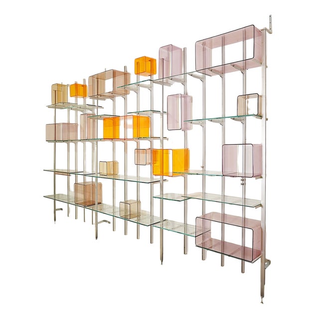 Modular Wall Shelf in Brushed Metal, Glass and Acrylic, 1960s For Sale