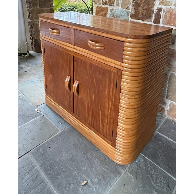 1940s Restored Stacked Rattan Storage Cabinet With Mahogany Top in Style of Paul Frankl Bar Cabinet For Sale In Dallas - Image 6 of 13