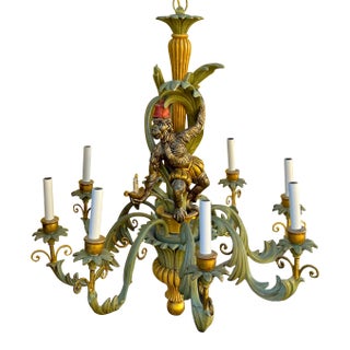 1970s Palm Beach Style Carved Wood Chinoiserie Monkey Chandelier - 8 Arms For Sale