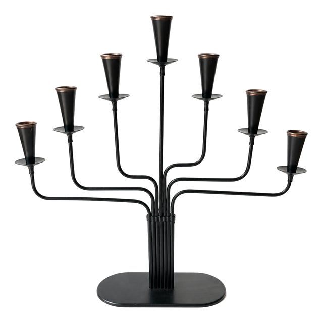 Seven-Arm Candelabra in Black Metal and Copper attributed to Gunnar Ander for Ystad-Metall, Sweden, 1960s For Sale
