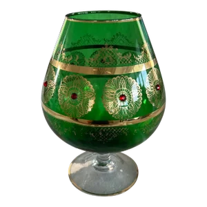 Giant Vintage Italian Green and Gold Murano Crystal Punch Bowl Brandy Sniftner