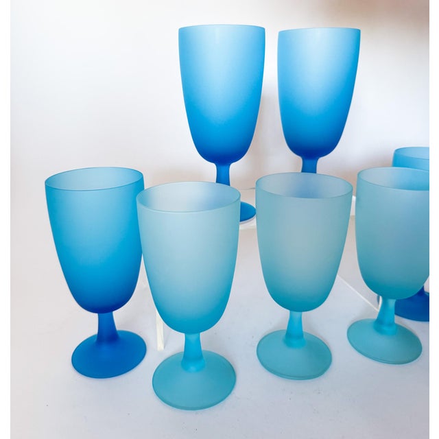 1960s Carlo Moretti Italy Satinato Frosted Blue Wine Water Glasses - Set of 7 For Sale In Dallas - Image 6 of 12