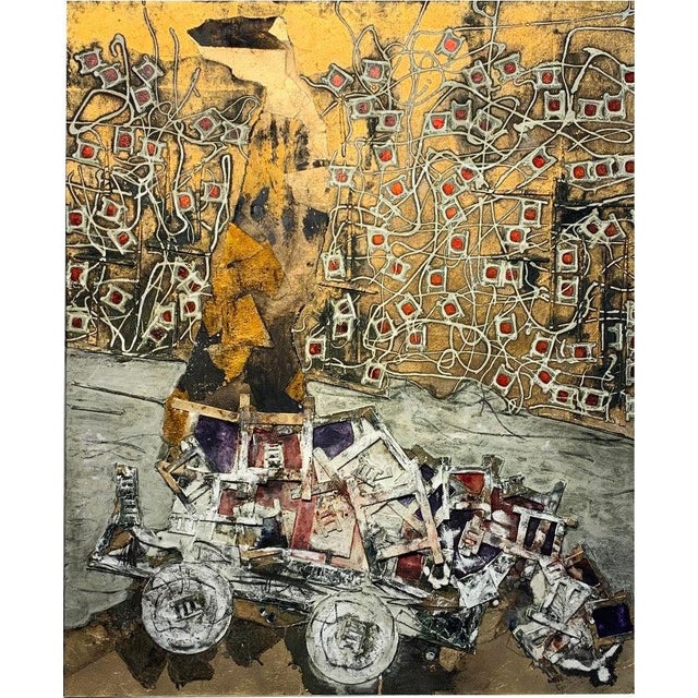 A cart laden with loosely defined forms moves across a dense ground of gold leaf, Stella working back into the gilding...