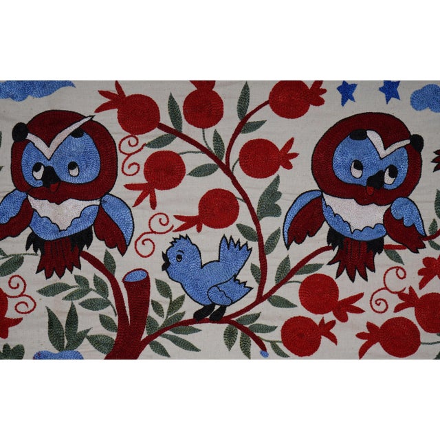 White Colorful Suzani Table Runner – Owl, Deer & Floral Embroidery For Sale - Image 8 of 10