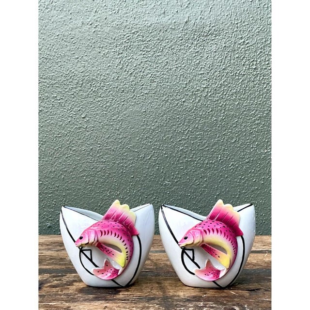 Mid 20th Century Vintage Stafford Ceramic Leaping Fish Vases - Pair For Sale - Image 5 of 12