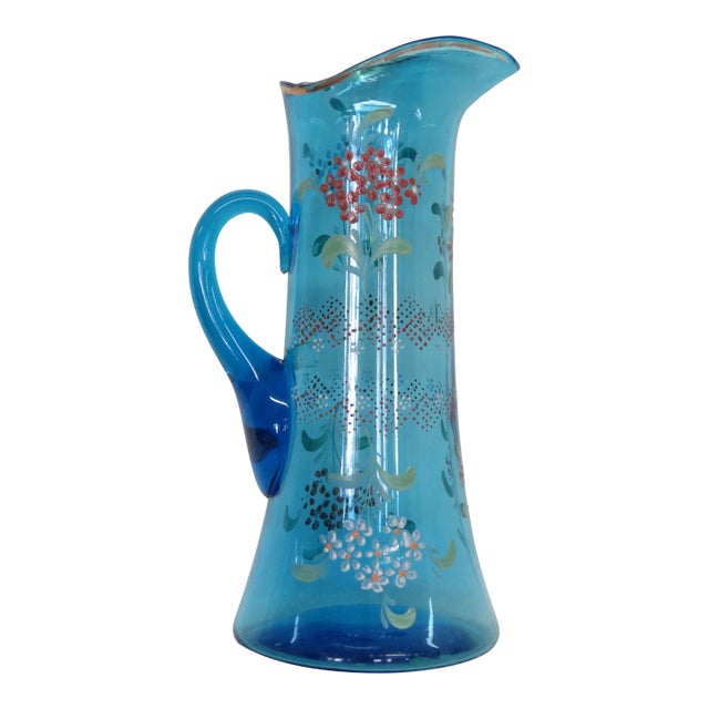 Tall Hand Blown Glass Blue and Hand Painted Flowers Pitcher For Sale