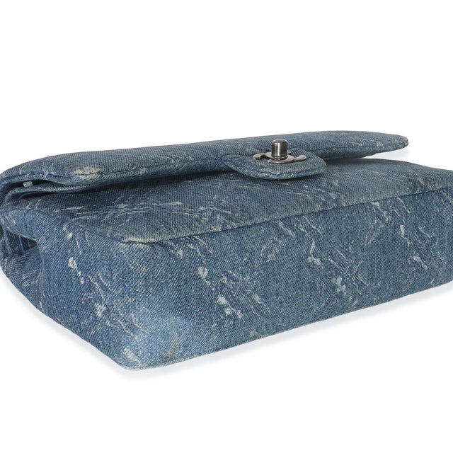 Blue Bleached Chain Printed Denim Medium Classic Double Flap Bag For Sale In New York - Image 6 of 9
