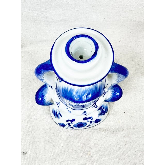 Late 20th Century Vintage Blue and White Frog Taper Candle Holder For Sale - Image 5 of 8