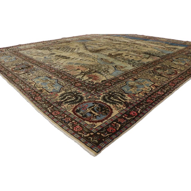 Distressed Antique Persian Tabriz Pictorial Rug with Cartouche Border 09'04 x 11'06. Full of tiny details with a city...
