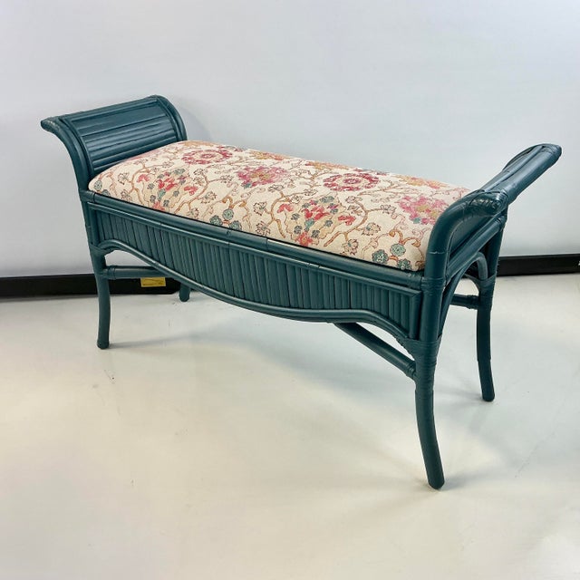 Mid-Century Boho Chic Coastal Bamboo Bench - Newly Upholstered in Ikat Linen For Sale - Image 9 of 18