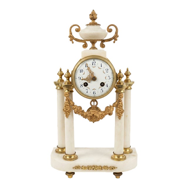 Late 19th Century Louis XVI Style French Marble & Gilt Bronze Portico Mantel Clock For Sale