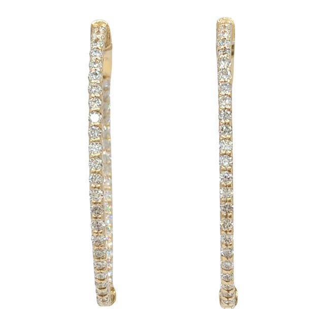 White Diamond In & Out Hoop Earrings in 14K Yellow Gold - A Pair For Sale