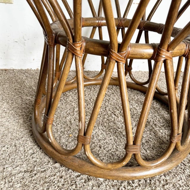 1990s Boho Chic Bamboo Rattan Circular Beveled Glass Top Side Table For Sale - Image 5 of 7