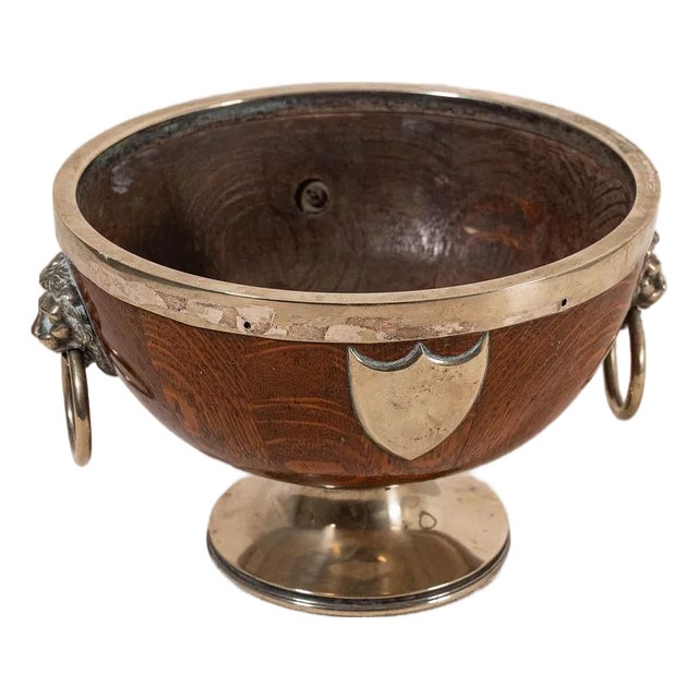 19th Century Lion Head Oak & Silver Plated Pedestal Bowl (c.1880) For Sale