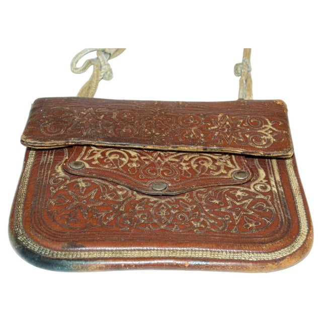 Antique Hand Tooled Leather Moroccan Bag Wall Decor For Sale - Image 14 of 16
