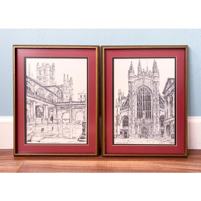 1970's Framed English Illustrated Prints by Griffin: The Great Roman Bath and Bath Abby in England For Sale - Image 11 of 11